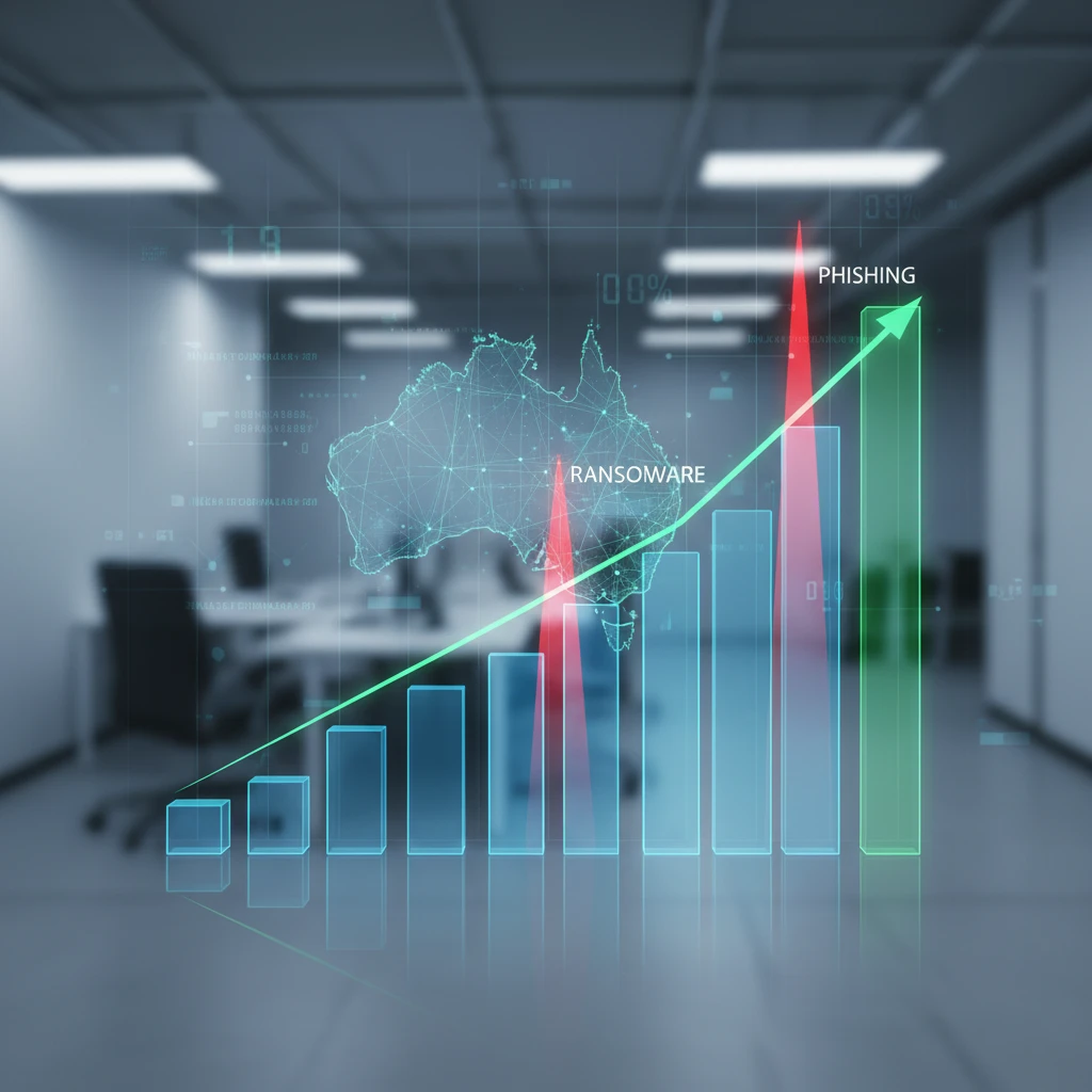 Graph showing an upward trend in cyber threats targeting Australian SMBs in 2026, with specific spikes for ransomware and phishing.