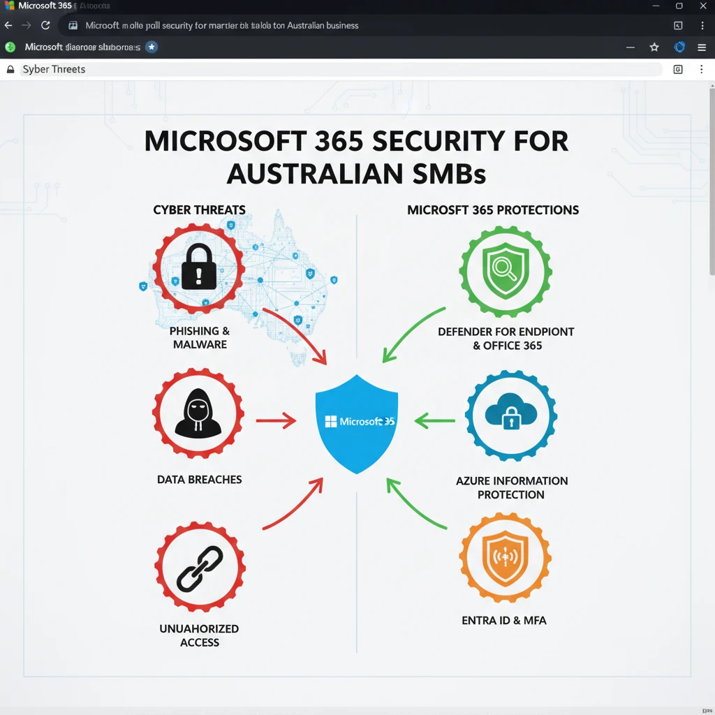 Infographic showing different types of cyber threats targeting SMBs and how Microsoft 365 security features protect against them.
