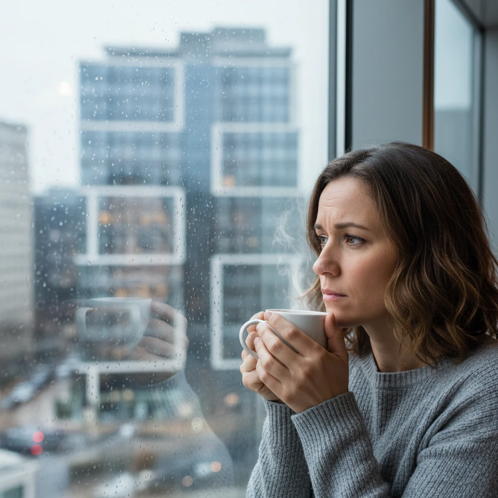 A person looking thoughtfully out of a window at a cityscape, with a slightly concerned expression.