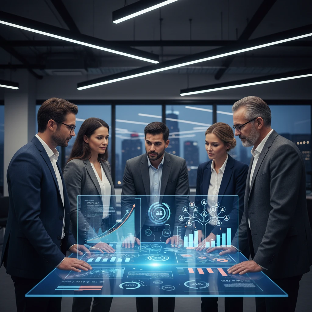A diverse group of professionals collaborating around a holographic display showing data visualizations and growth charts.