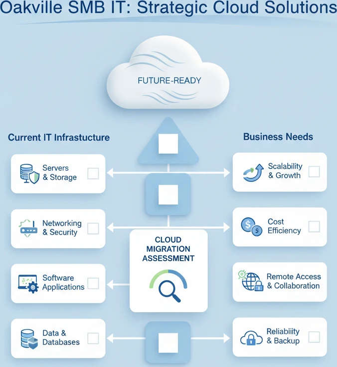 An infographic illustrating a checklist of IT infrastructure components and business needs being evaluated for cloud migration.
