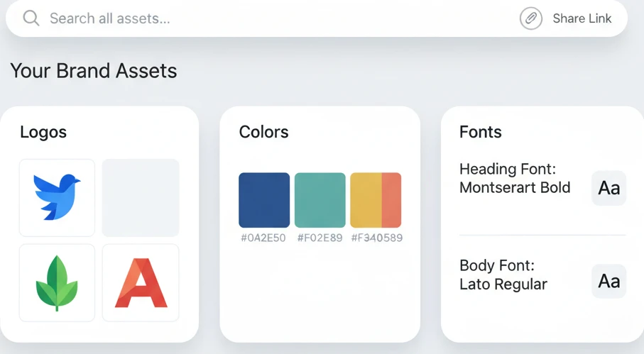 Screenshot of a brand asset delivery platform dashboard showing organized folders for logos, colors, and fonts, with a search bar at the top.
