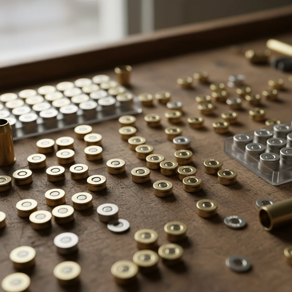 Close-up macro photograph of various reloading primers laid out on a reloading bench, showcasing different sizes and brands.