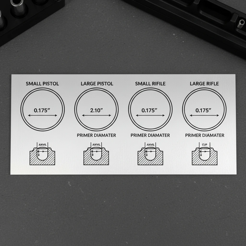 A visual comparison chart showing different primer sizes: small pistol, large pistol, small rifle, and large rifle, with approximate dimensions.