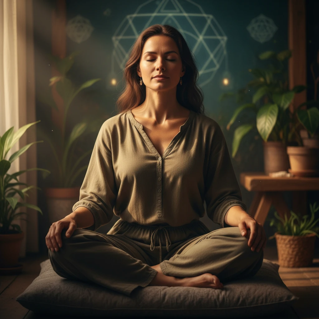 A person sitting calmly with eyes closed, surrounded by soft, natural light, symbolizing introspection and preparation for a psychedelic journey.