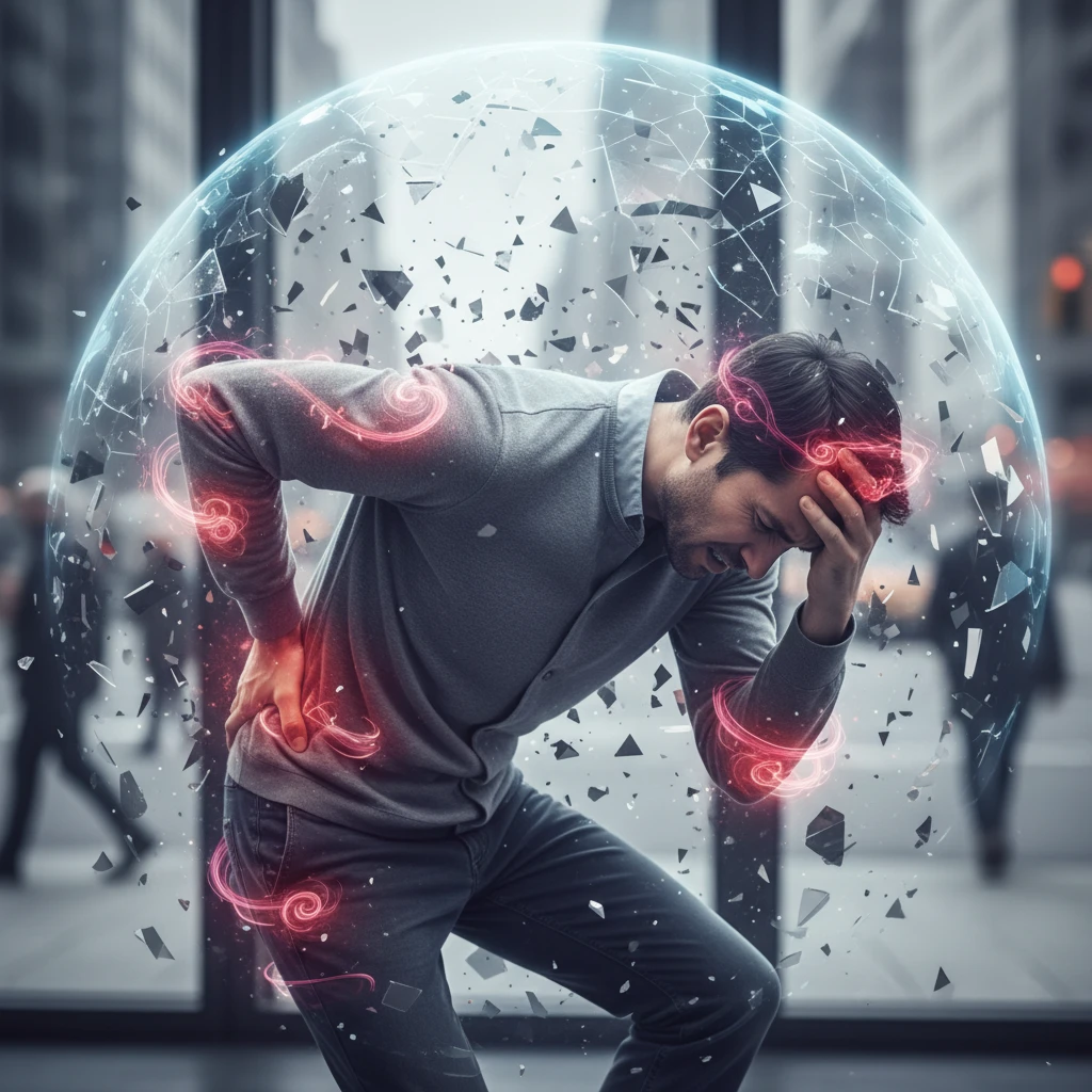 Illustration of a person experiencing chronic pain, with visual elements representing physical discomfort, emotional distress, and social isolation.