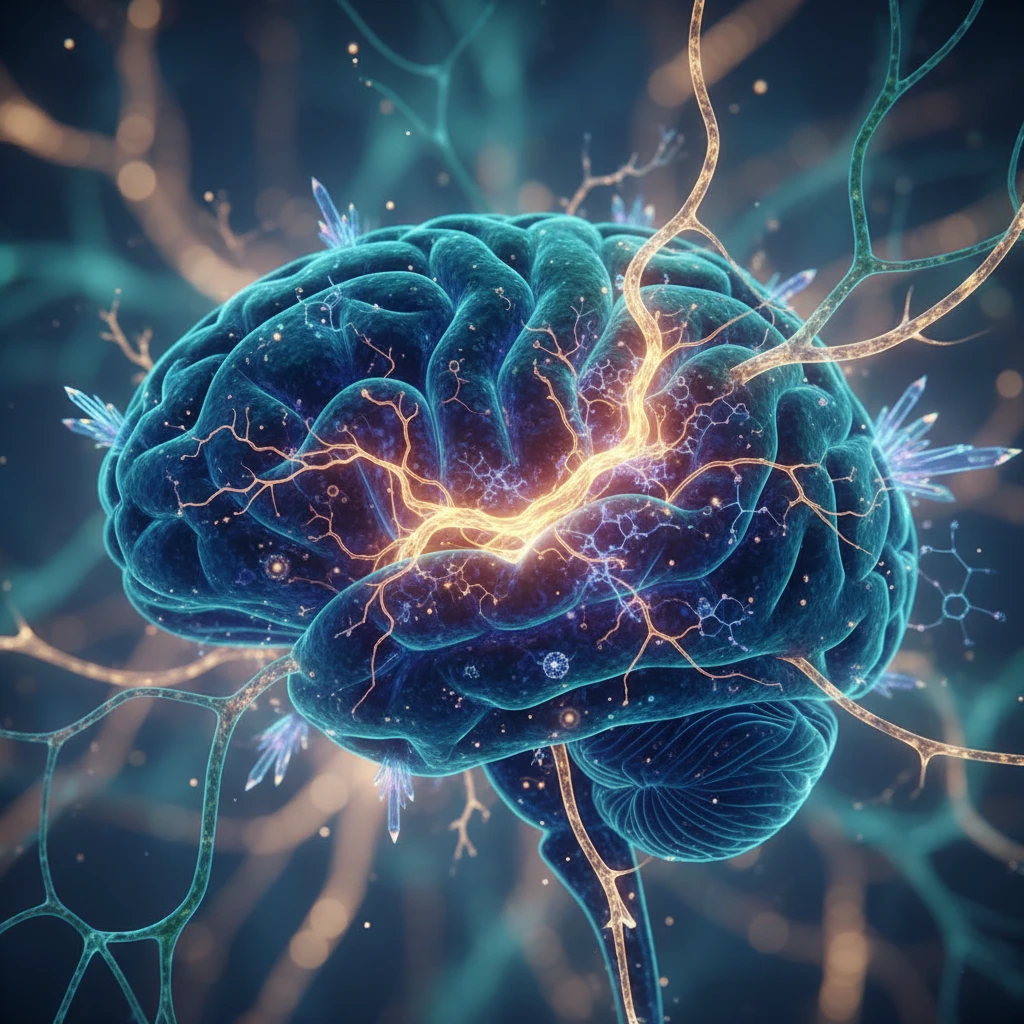 Abstract visualization of neural pathways in the brain, with specific pathways highlighted to represent ibogaine