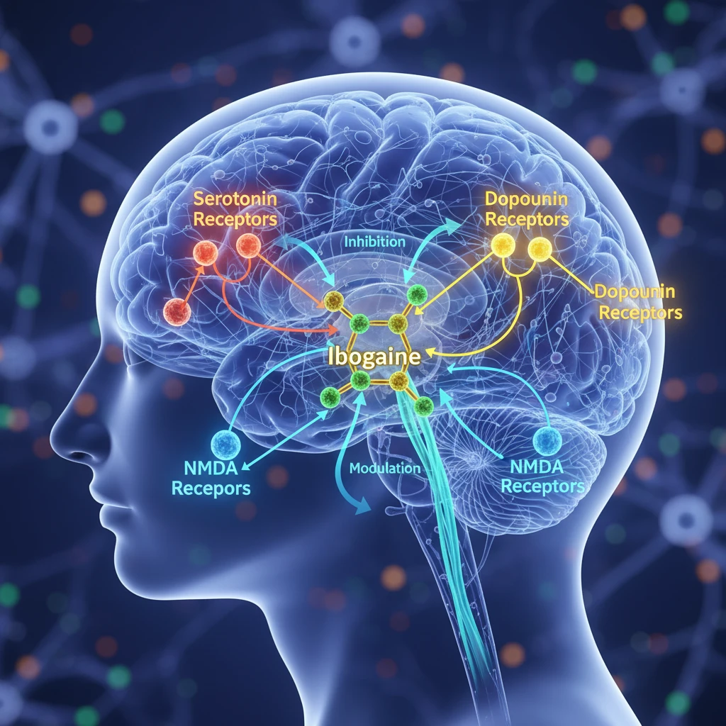 Diagram illustrating the complex interactions of ibogaine with serotonin, dopamine, and NMDA receptors in the brain, highlighting its potential role in pain modulation.