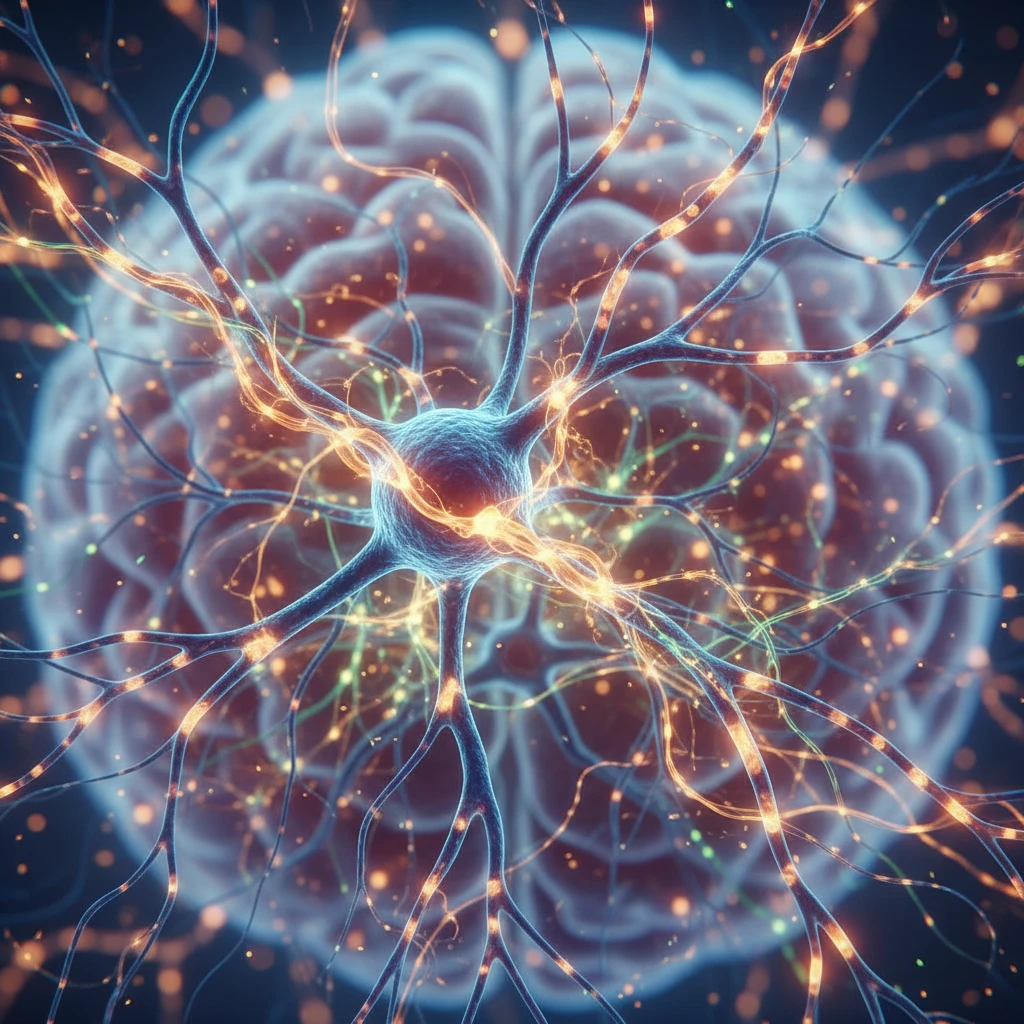 Stylized illustration depicting nerve cells and synapses, symbolizing the neuroplastic and regenerative effects of substances like ibogaine on neural pathways related to pain perception.