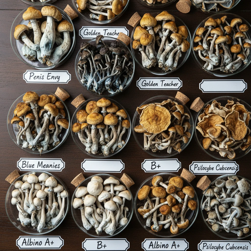 A visually appealing and organized collection of various dried magic mushroom strains, neatly labeled with their respective names and showing distinct variations in color, cap shape, and stem thicknes