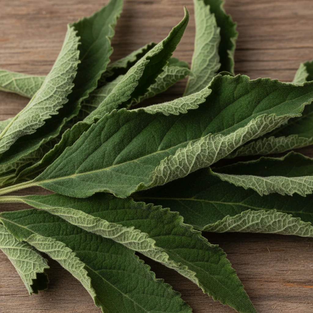 Close-up of dried, high-quality Salvia divinorum leaves, showcasing their vibrant green and serrated edges, arranged artfully on a wooden surface.
