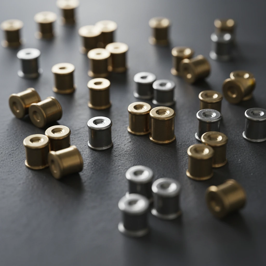 Close-up macro photograph of various reloading primers scattered on a dark surface, highlighting their small size and metallic sheen.