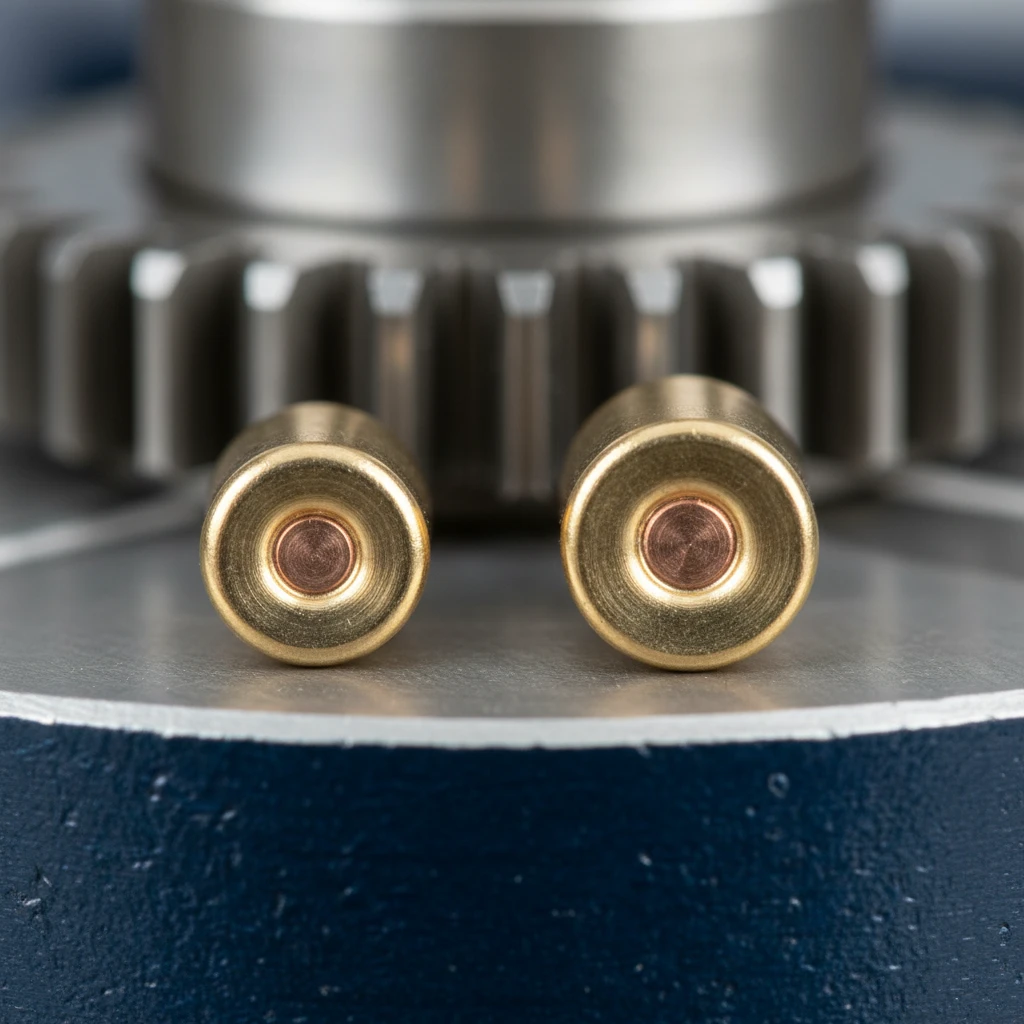 Side-by-side comparison of a small rifle primer and a large rifle primer, showcasing the difference in diameter and slightly in height.