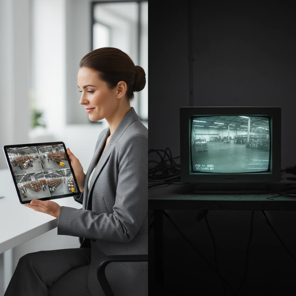 A split screen showing a business owner looking at a tablet displaying live security camera feeds from different angles of a warehouse, contrasted with a traditional static security monitor.