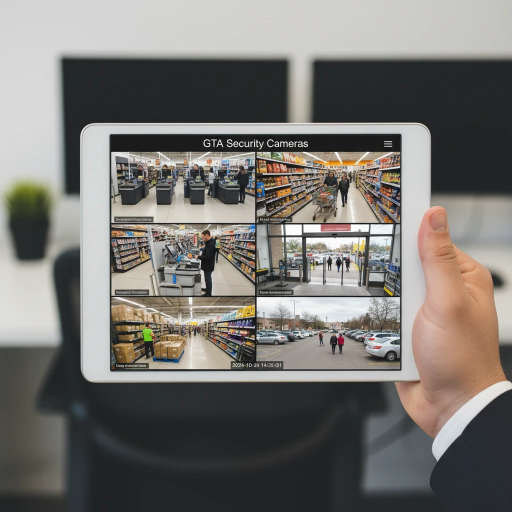A close-up of a tablet screen showing multiple live camera feeds from a busy retail store, including checkout counters and aisles, with a hand holding the tablet.