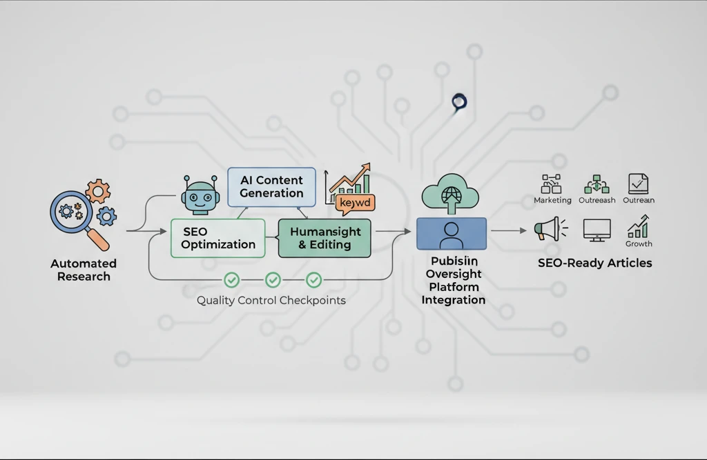 Diagram illustrating the AI content automation workflow with quality control checkpoints and human oversight.