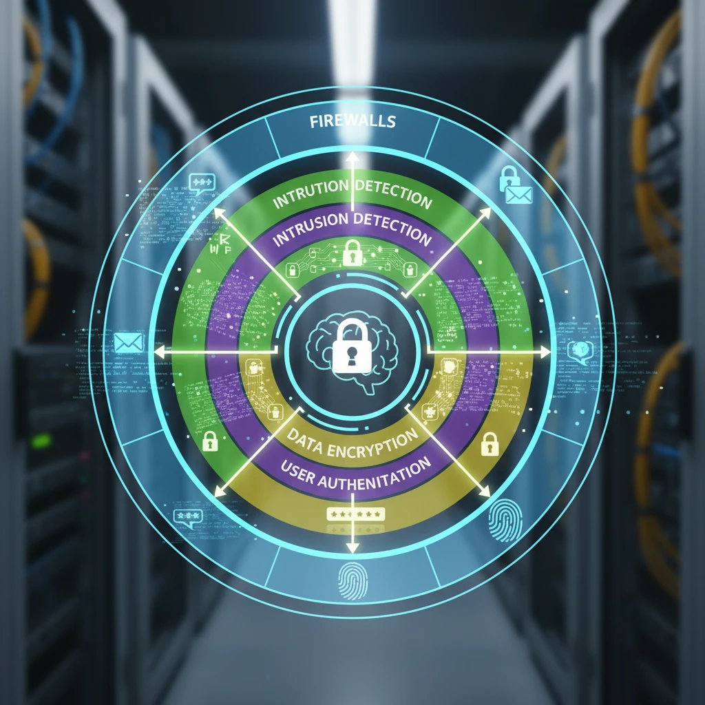Diagram illustrating layers of IT security for a modern business, including firewalls, intrusion detection, data encryption, and user authentication.