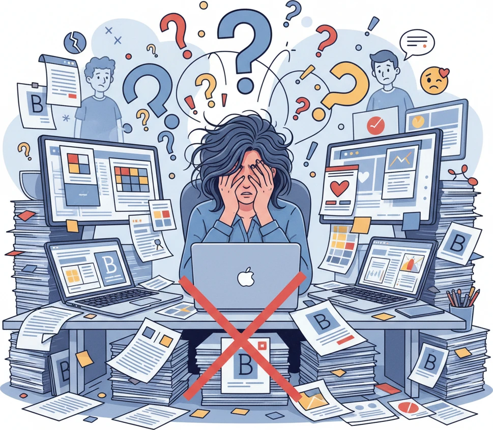 Illustration of a designer overwhelmed by scattered files and client confusion, with question marks and exclamation points.