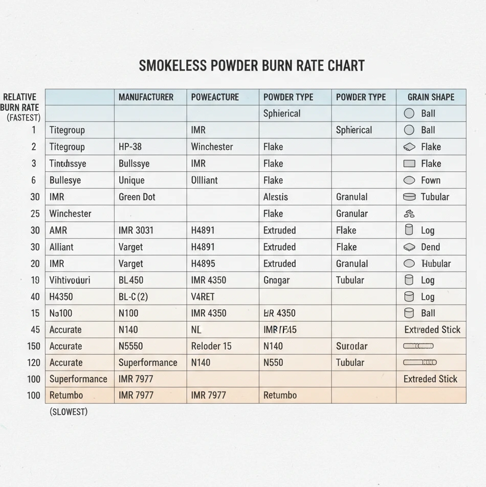 A detailed burn rate chart for smokeless gun powder, listing various manufacturers and their powder names in order of burn speed, with columns for powder type and grain shape.