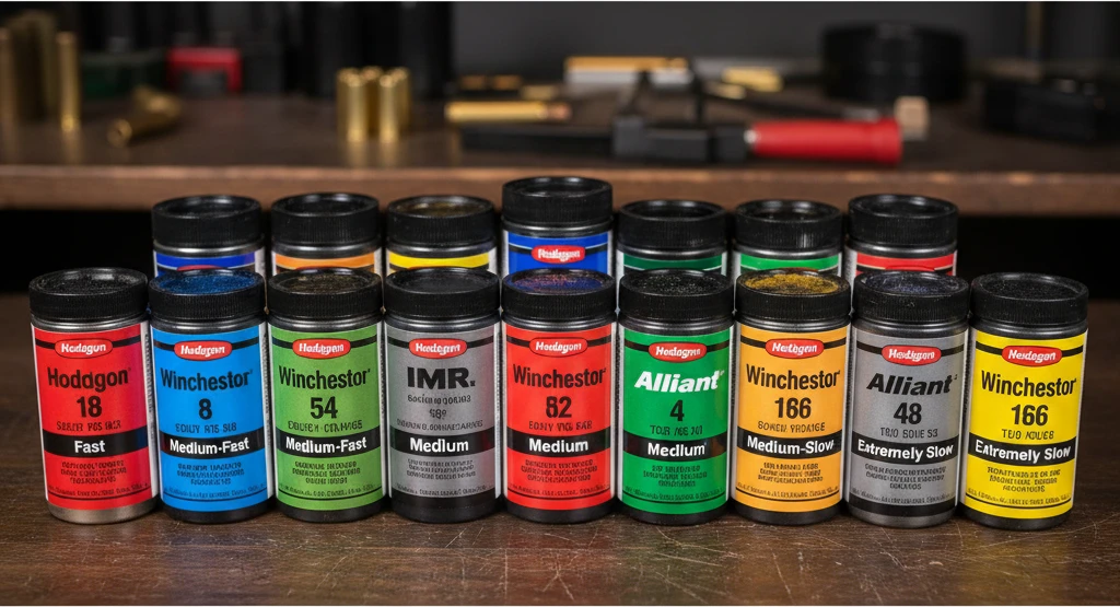 A variety of smokeless gunpowder canisters, clearly labeled with different burn rates and brand names.