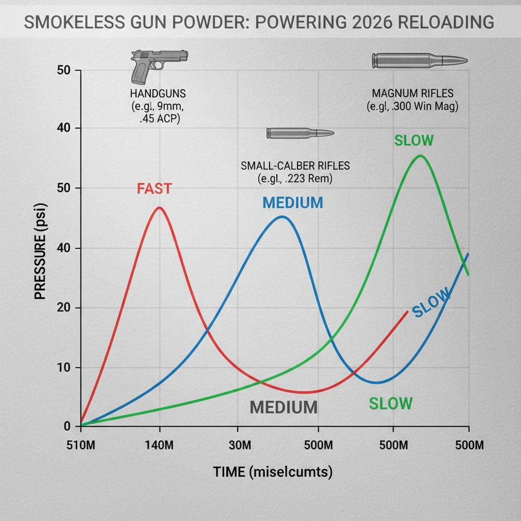 Graph showing smokeless gunpowder burn rates, illustrating fast, medium, and slow burning powders with examples of their applications in handgun and rifle cartridges.