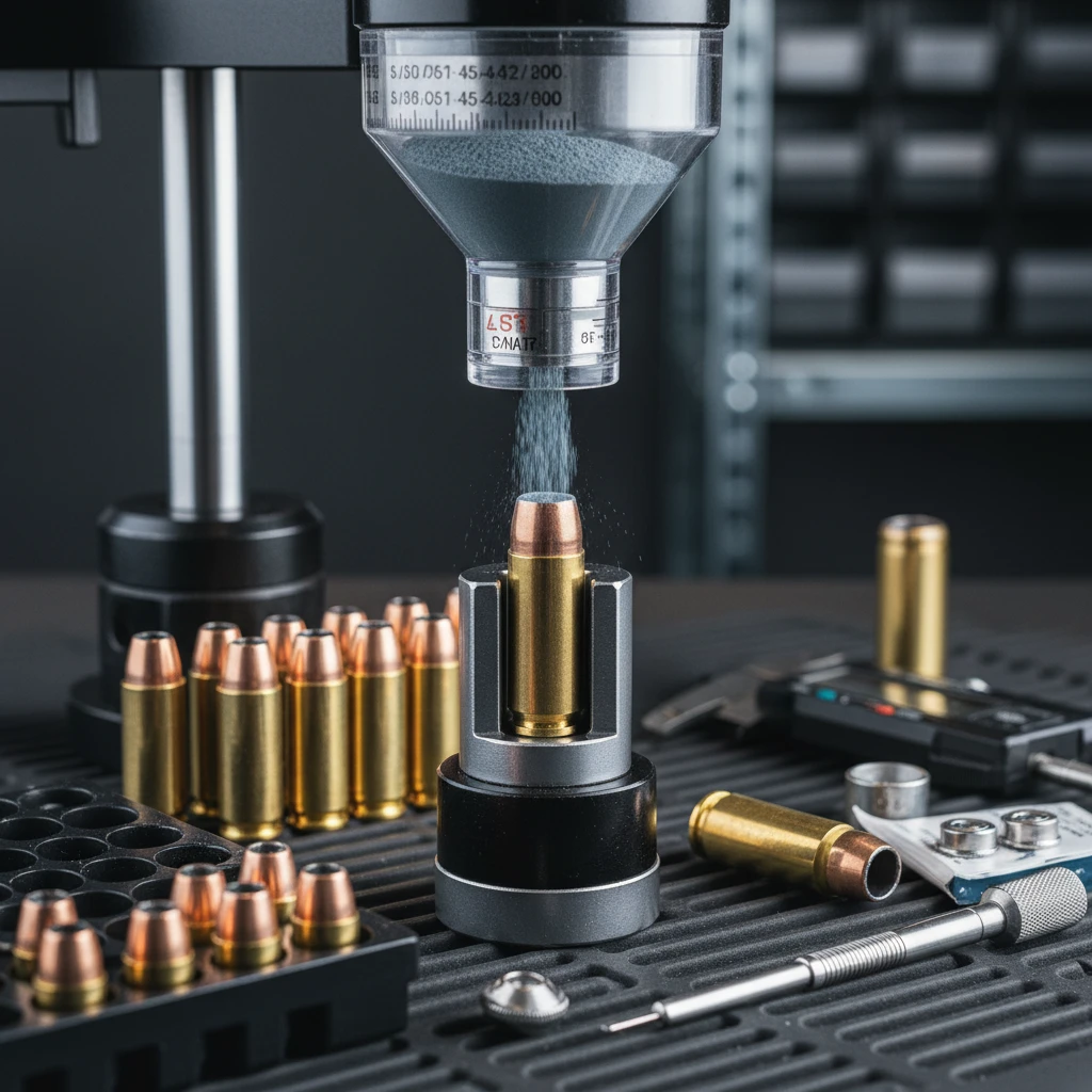 Close-up view of a handgun cartridge being loaded with smokeless gunpowder, showcasing precision reloading tools and components.