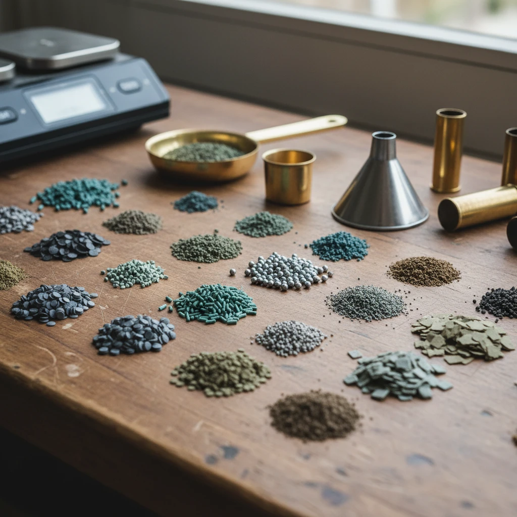A close-up, detailed shot of various types of smokeless gunpowder arranged neatly on a reloading bench, showcasing different grain shapes and colors.
