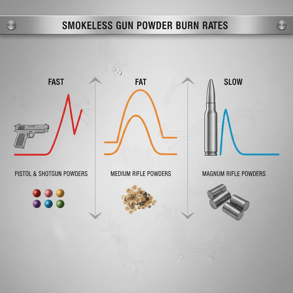 An infographic comparing the burn rates of different smokeless gunpowder types, showing a spectrum from fast to slow with visual representations of pressure curves.