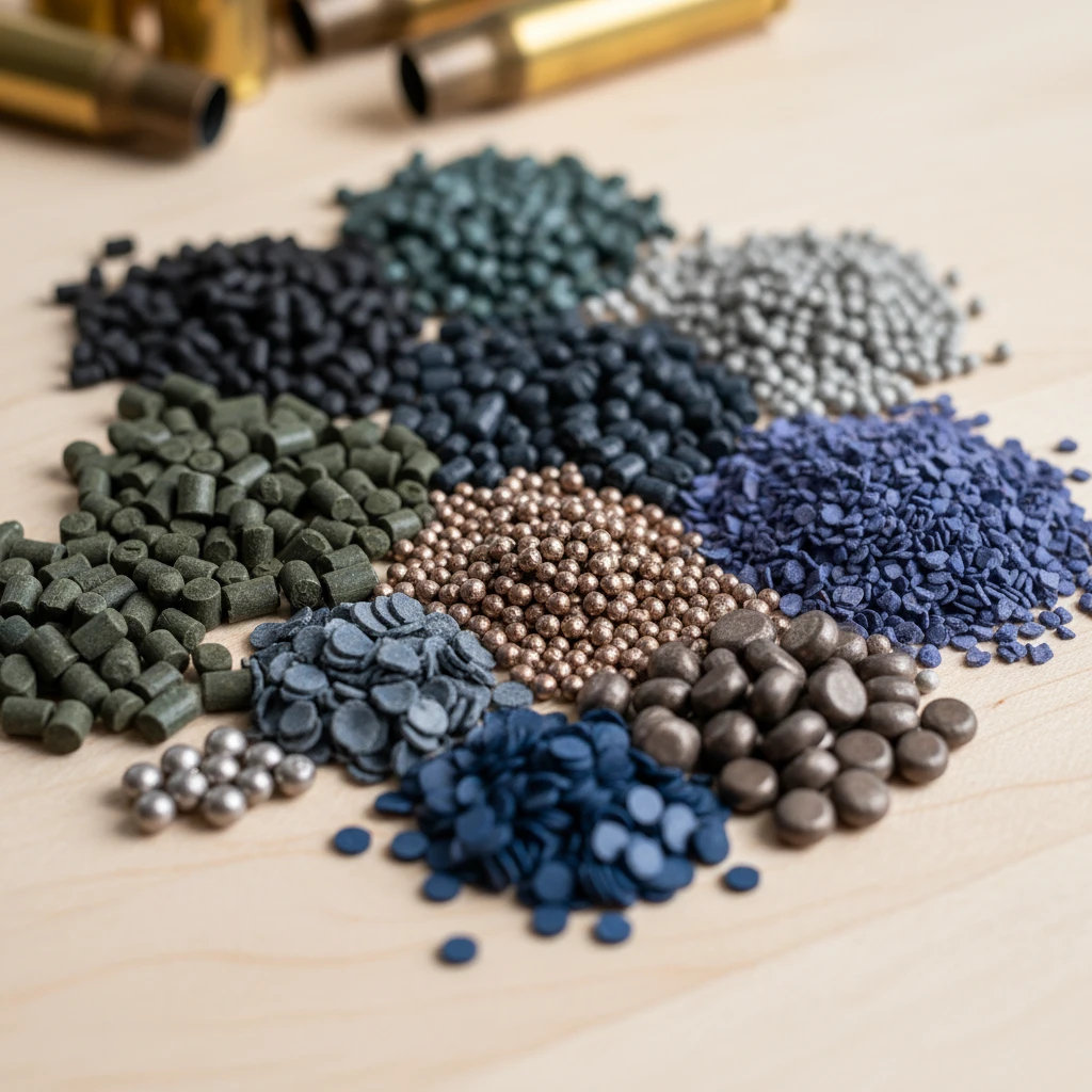 A close-up shot of various types of smokeless gunpowder grains in different colors and shapes, laid out on a clean reloading bench surface.