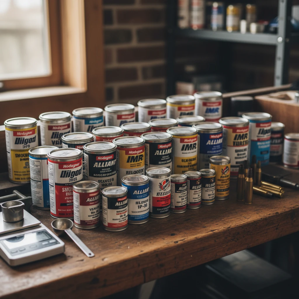 A collection of smokeless gunpowder canisters from different brands (e.g., Hodgdon, Alliant) arranged neatly on a reloading bench.