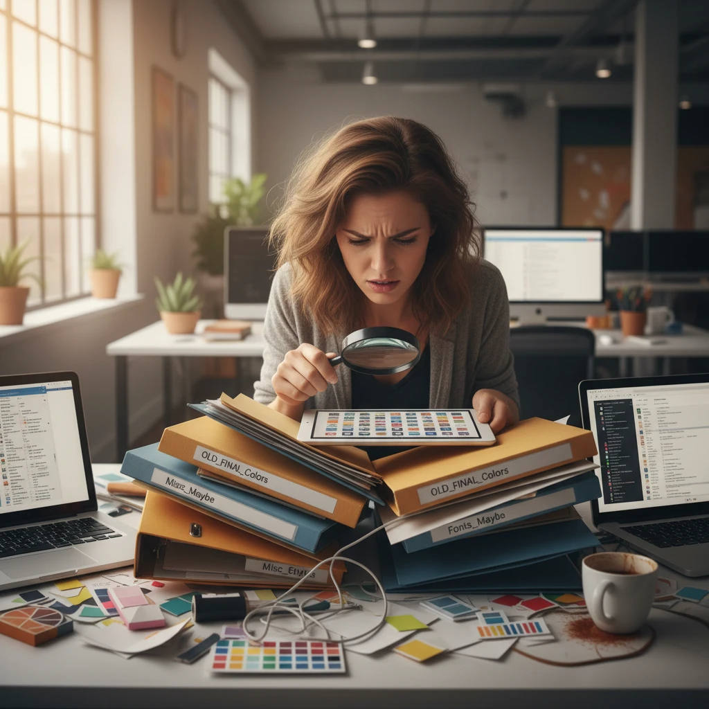 Illustration of a designer looking frustrated, surrounded by disorganized folders and files scattered on a desk, searching for a specific brand asset.