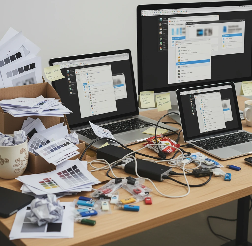 A chaotic desk overflowing with printouts, USB drives, and scattered digital files, representing disorganized brand assets.