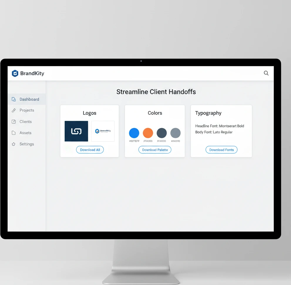 A clean, modern dashboard interface of a brand hub, showcasing organized categories like Logos, Colors, and Typography with easy-to-access download buttons.