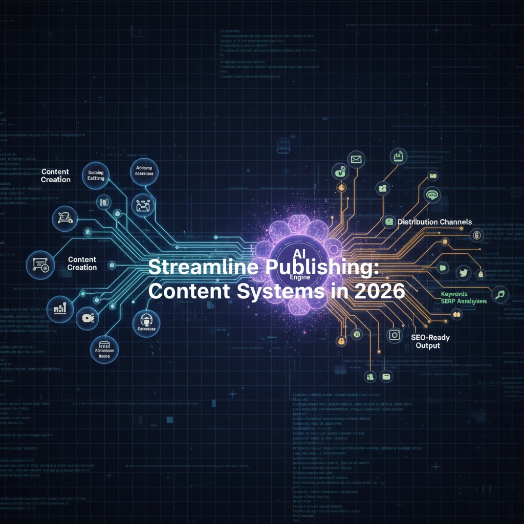 Illustration of a complex digital workflow showing interconnected stages of content creation, optimization, and distribution, powered by AI nodes and data streams.