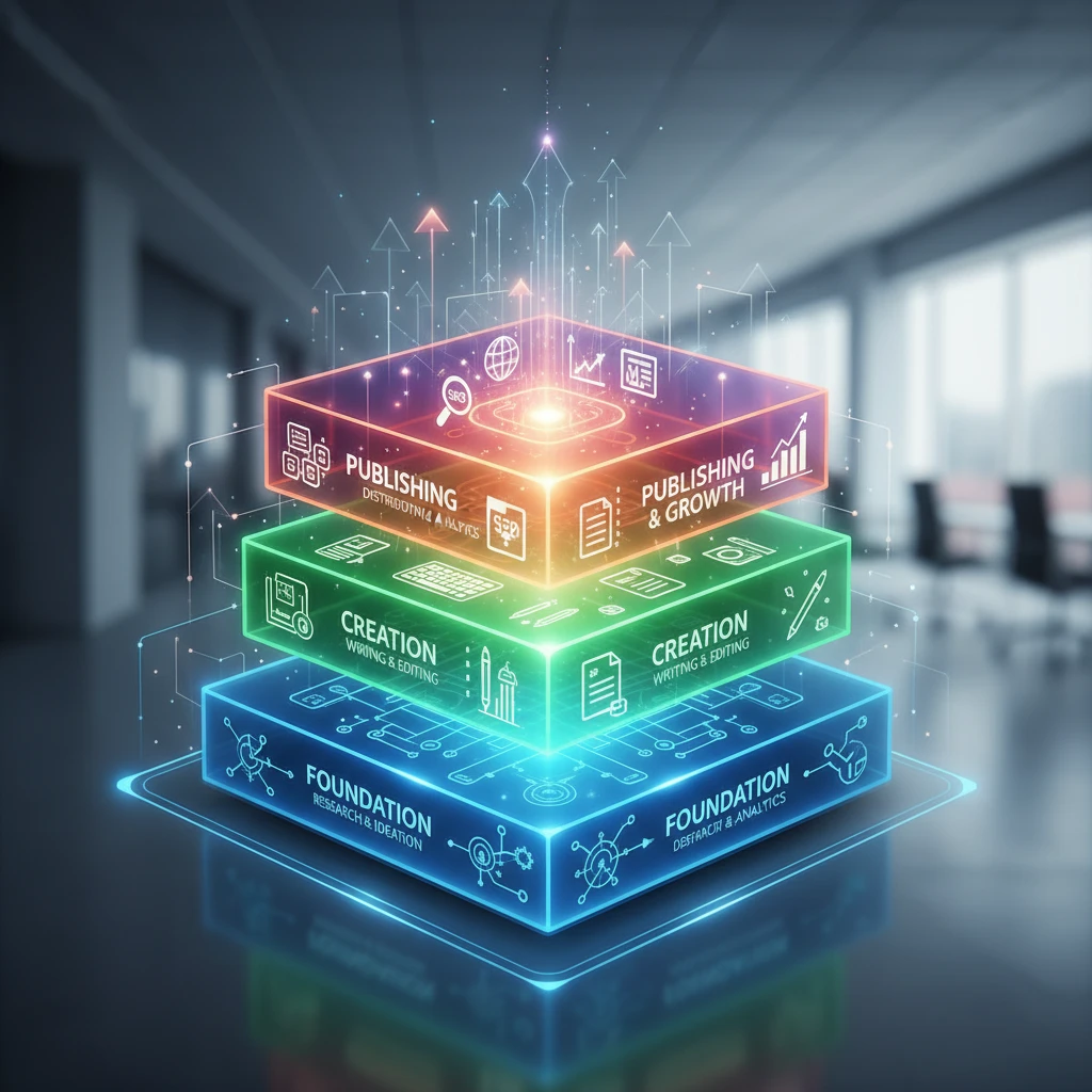 Diagram showing a layered content technology stack with foundational layers for research and ideation, middle layers for writing and editing, and top layers for SEO, distribution, and analytics.