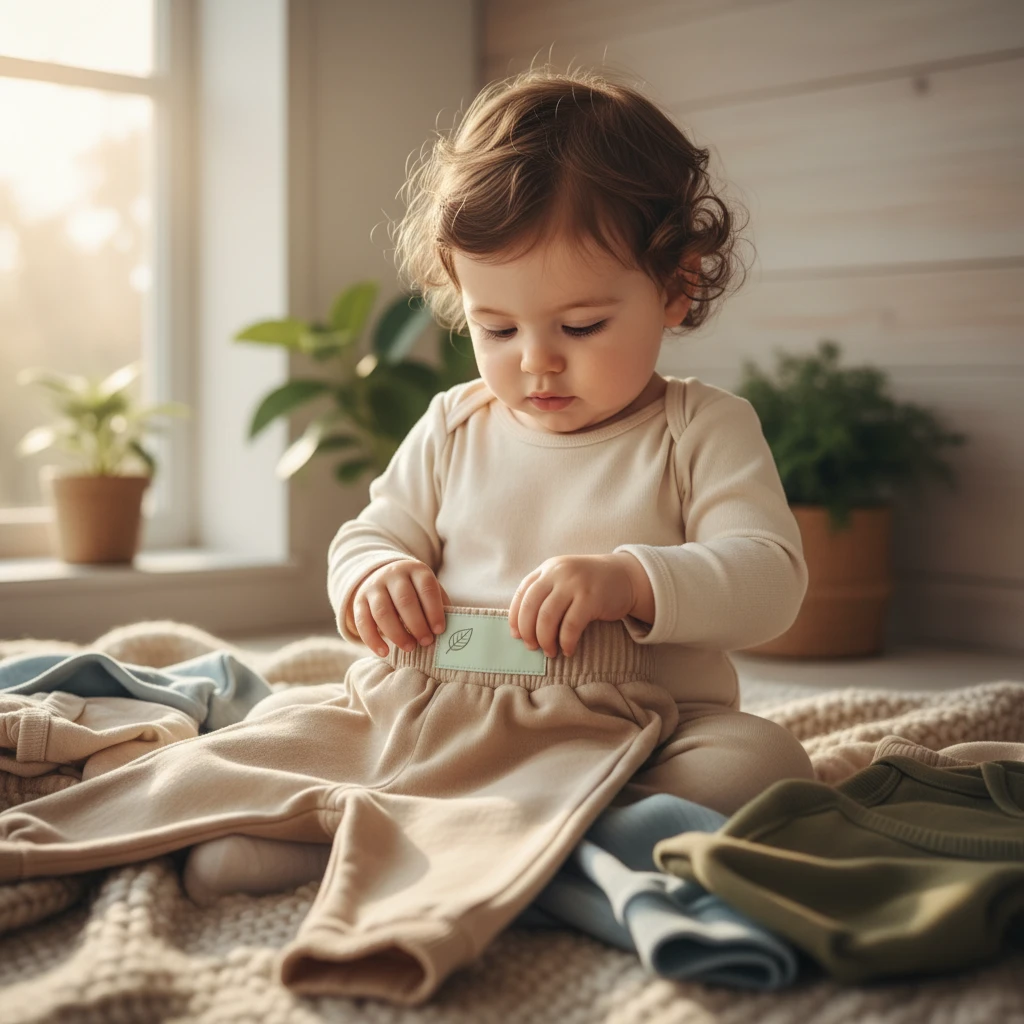 Copil de 12 luni etichetând cu grijă o pereche de pantaloni din bumbac organic.