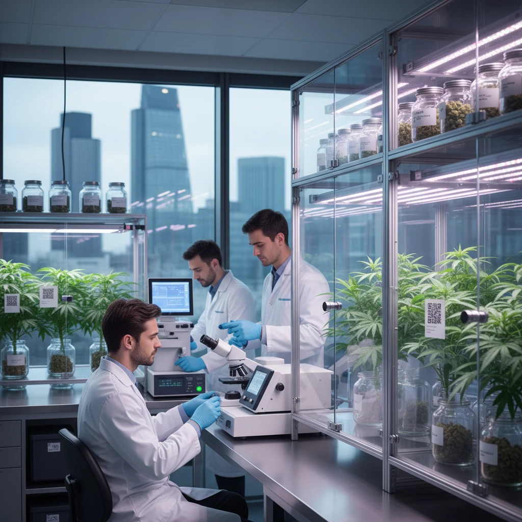 A modern laboratory setting with scientists examining cannabis plants under controlled conditions, highlighting the scientific and regulated approach to THC product development in the UK.
