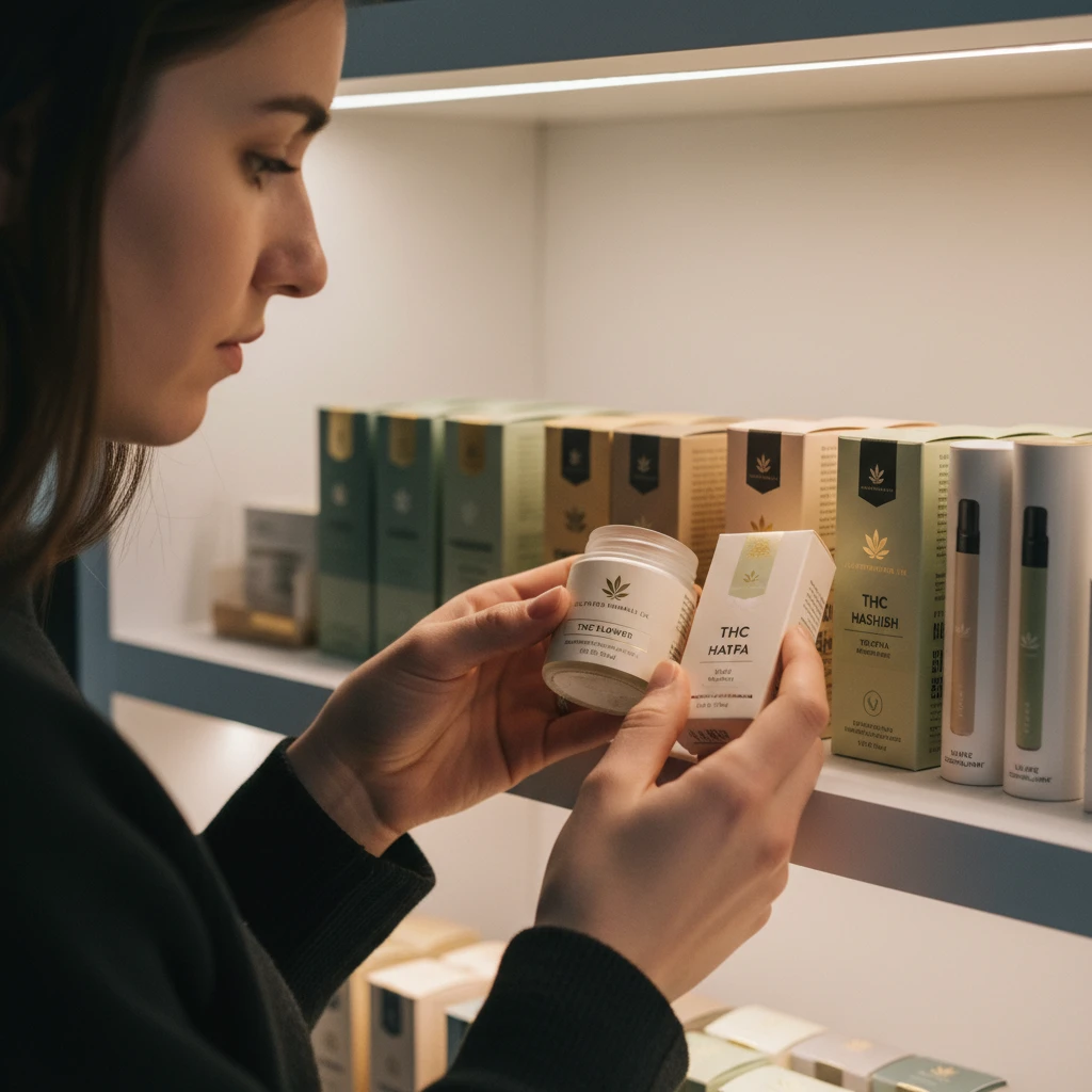 A person looking at various THC products on a shelf, with a focus on their packaging and labeling.
