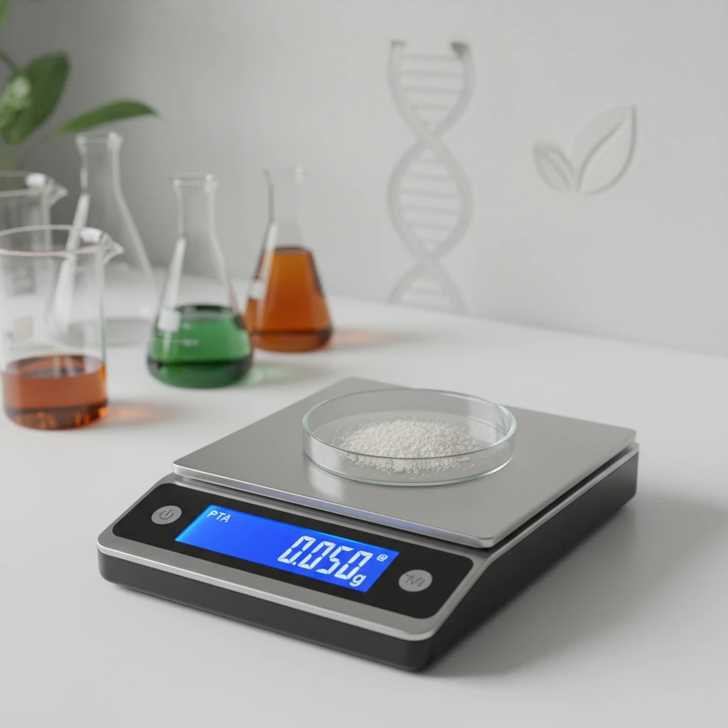 A minimalist representation of a digital scale displaying precise measurements, symbolizing accuracy and quality control in pharmaceutical or supplement production, with subtle background elements sug