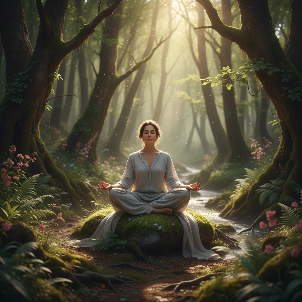 A person meditating in a serene natural setting, with soft light filtering through trees, symbolizing introspection and preparation.