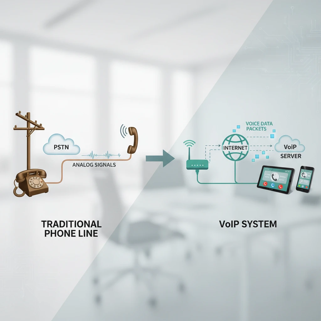 Diagram illustrating the difference between traditional phone lines and VoIP systems, showing voice packets traveling over the internet for VoIP versus analog signals through physical lines for tradit
