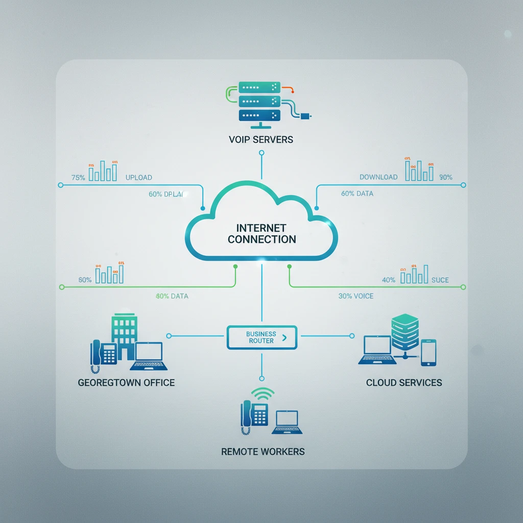 Diagram showing interconnected business devices, servers, and internet connection, with bandwidth utilization metrics highlighted.