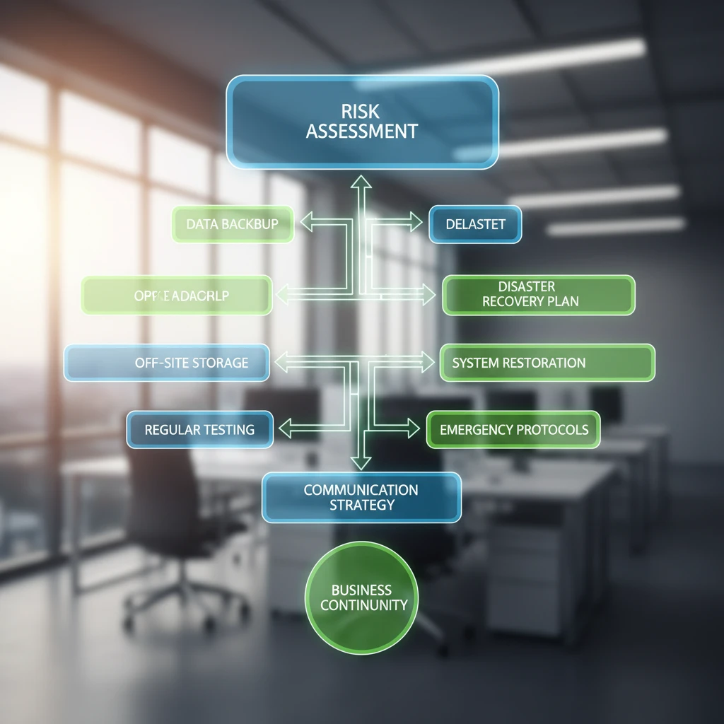 A graphic showing a business continuity flowchart with interconnected steps like risk assessment, data backup, disaster recovery plan, and communication strategy.