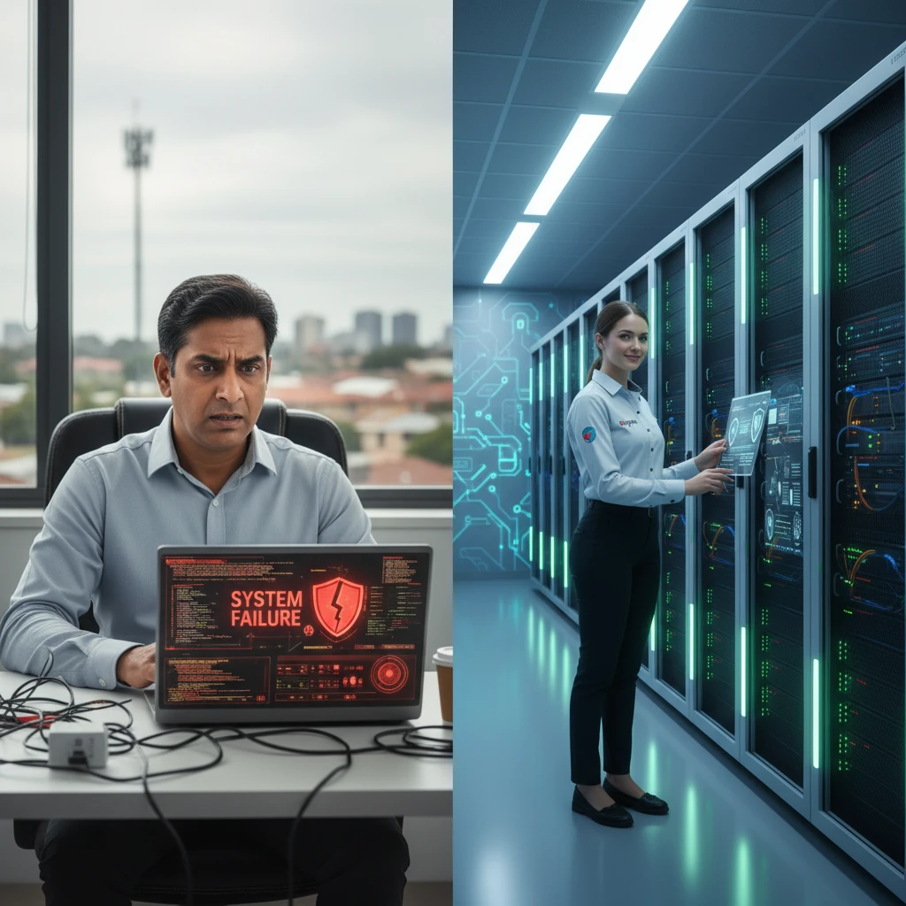 A business owner in Western Sydney looking concerned at a laptop screen displaying error messages, contrasted with a secure, organised server room.
