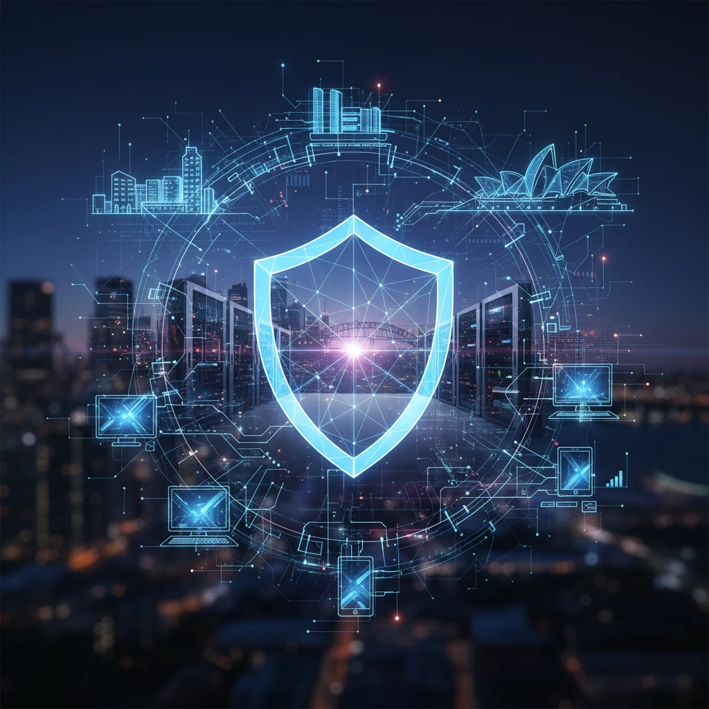 A digital shield icon protecting a network of interconnected computers and data servers.