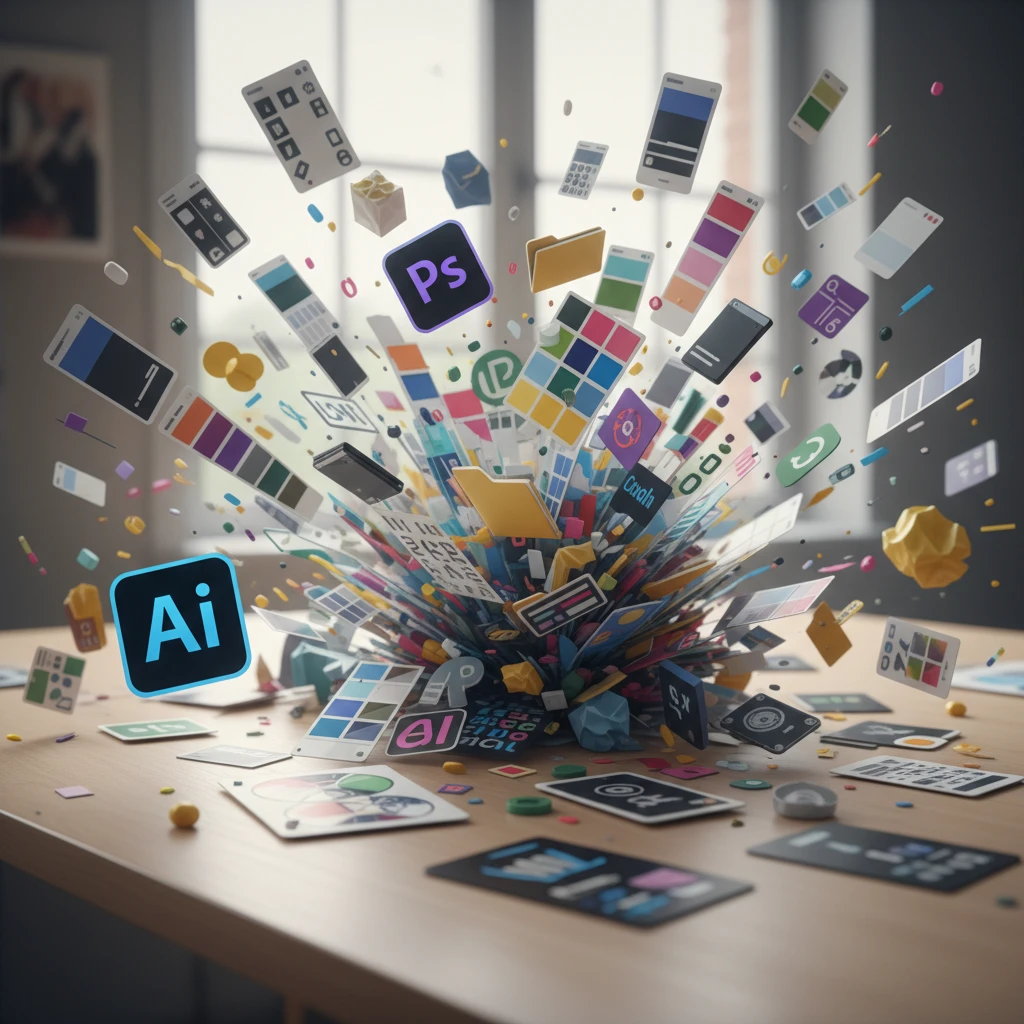 Illustration of scattered brand files like logos, fonts, and color swatches creating a chaotic mess.