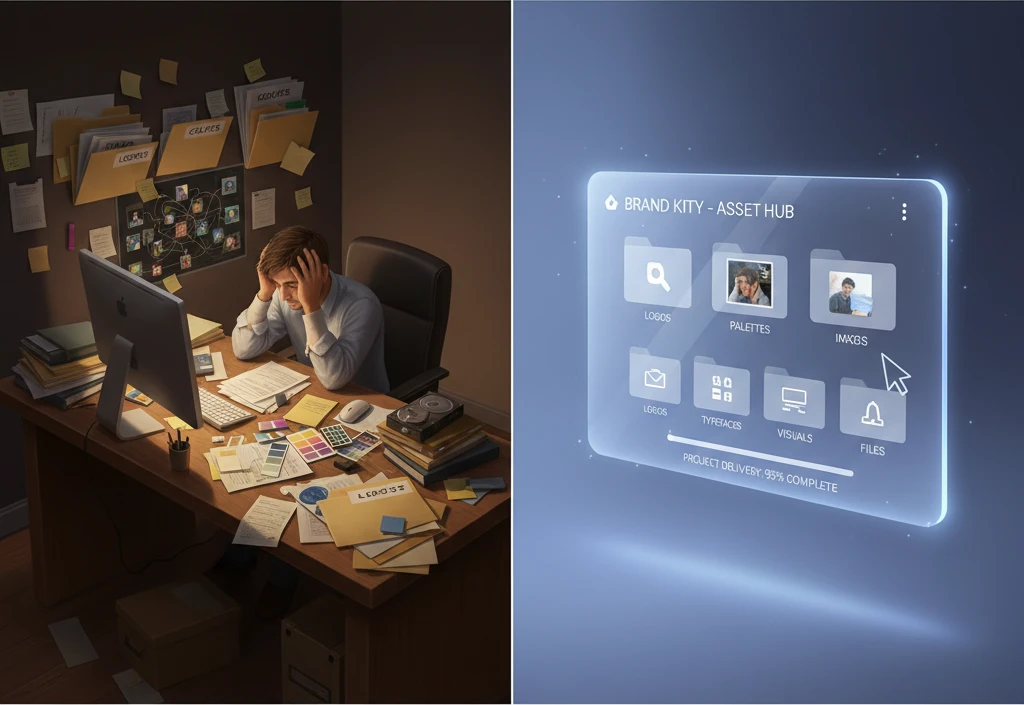 Illustration of a cluttered desk with scattered files, folders, and a confused person trying to organize them, contrasting with a clean, digital interface.