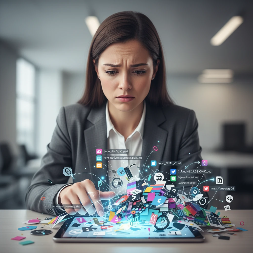 Illustration of a client looking confused at a chaotic pile of digital files and brand elements.