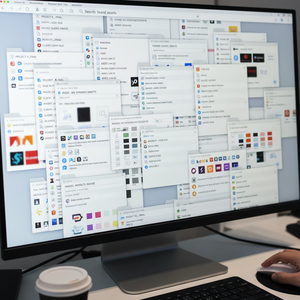 Visual representation of digital files scattered across multiple, disorganized folders on a computer screen.