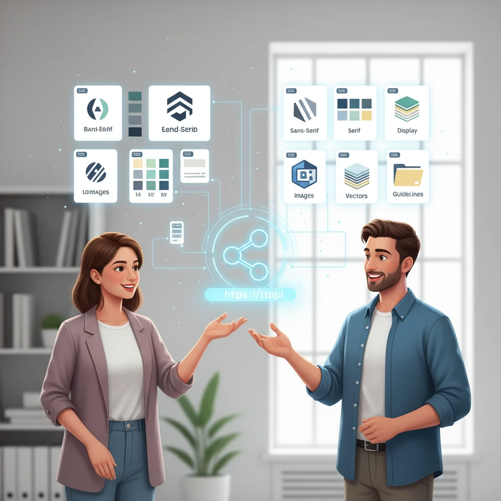 Illustration of a designer handing over a single, clear link to a happy client, with organized brand assets visually represented around them.